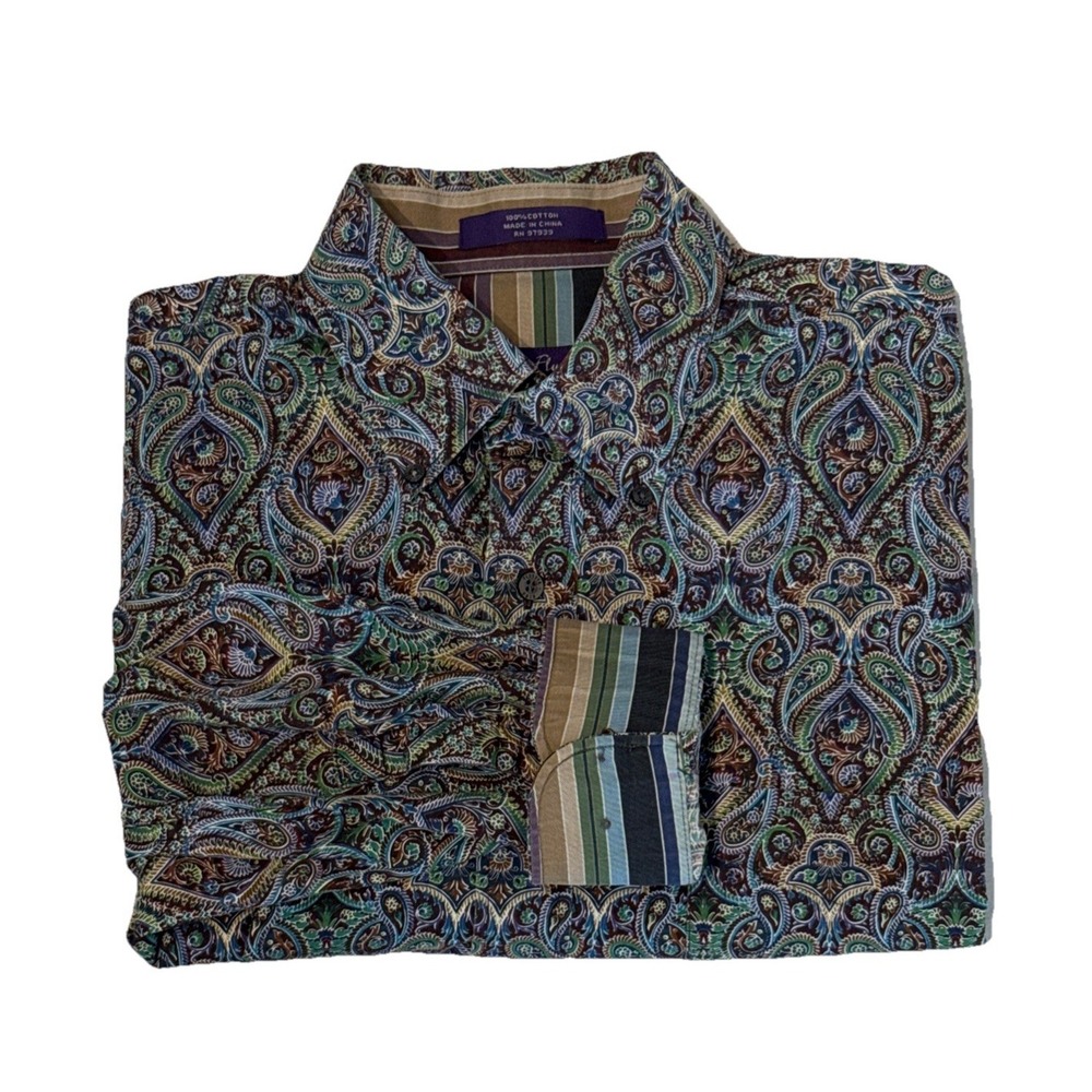 Alan Flusser Shirt Mens L Button Down Paisley Multicolored Flip Cuff EUC